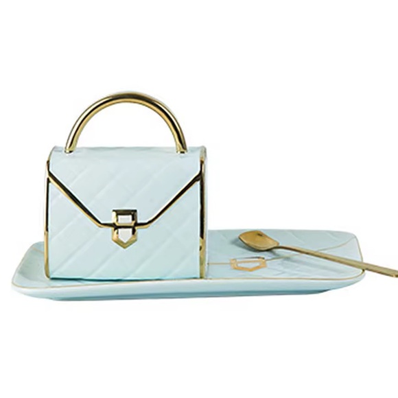 Better Boutique Handbags - Light Blue Quilted Ceramic Purse Coffee Mug & Dish